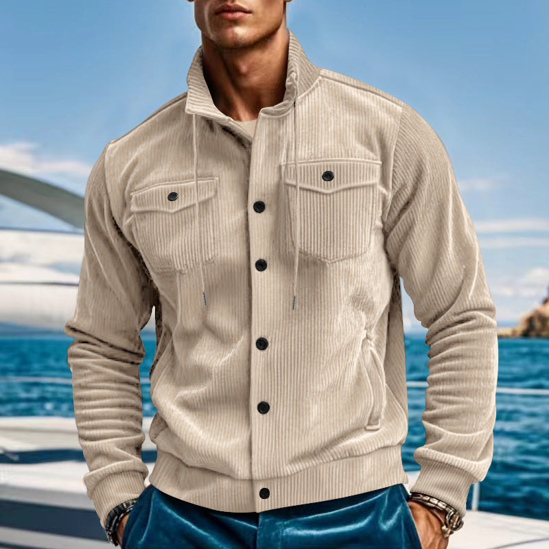 Herren nan lässige fein gerippte Cordjacke mit Stehkragen, Brusttaschen und elastischem Saum EB