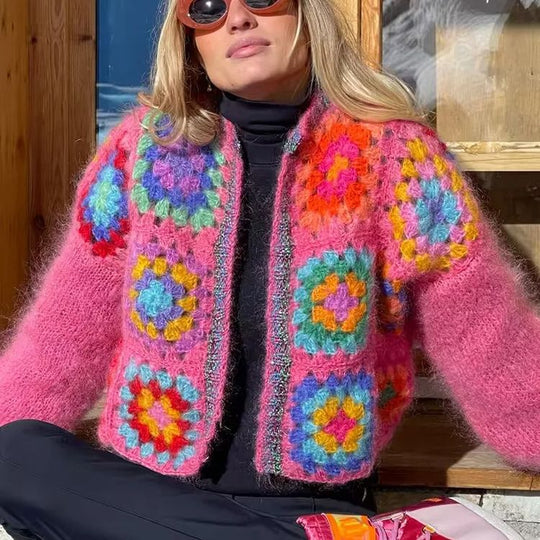 Damen Strickjacke mit buntem Granny-Quadrat-Design und luftigen Ärmeln EB