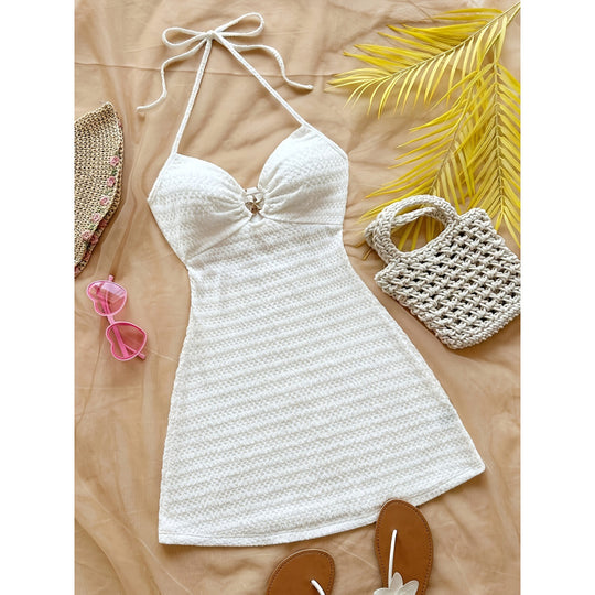 Damen Strandkleid mit raffinierten Trägern und dekorativem Schlitz EB