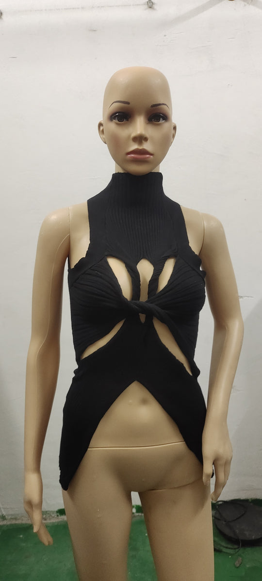 Damen figurbetontes Cut-Out Top mit hohem Kragen EB