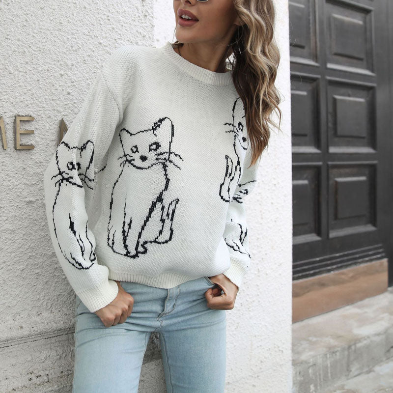 EB | Verspielter Strickpullover Mit Katzenmuster