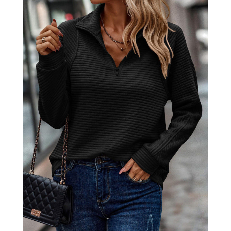 Damen kuscheliger Stepp-Pullover mit hohem Kragen und halbem Reißverschluss EB
