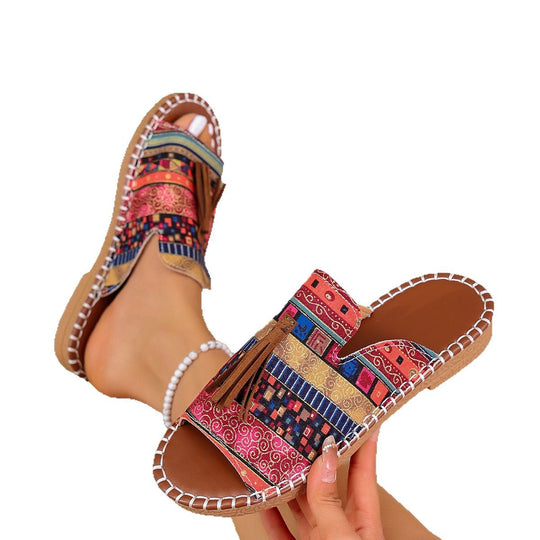 Damen bequeme Tangle-Sandalen mit buntem Stickdesign und Quasten EB
