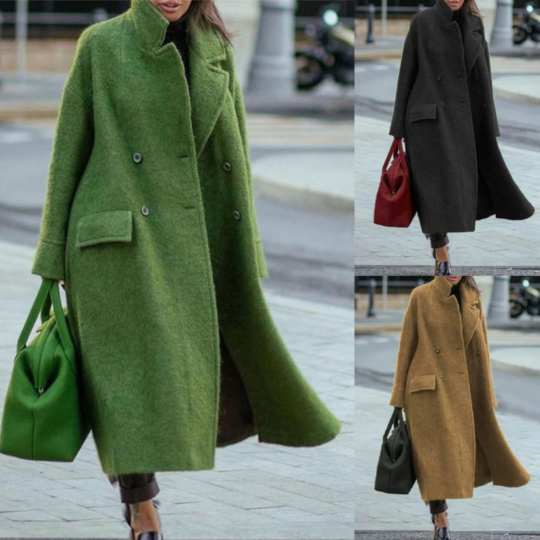 Damen nan Cape-ähnlicher doppelreihiger Wollmantel mit weitem Fall, hohem Stehkragen und Pattentaschen EB