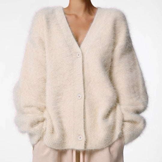 Damen Kuscheliger Oversize-Cardigan aus Teddy-Strick mit tiefem V-Ausschnitt EB