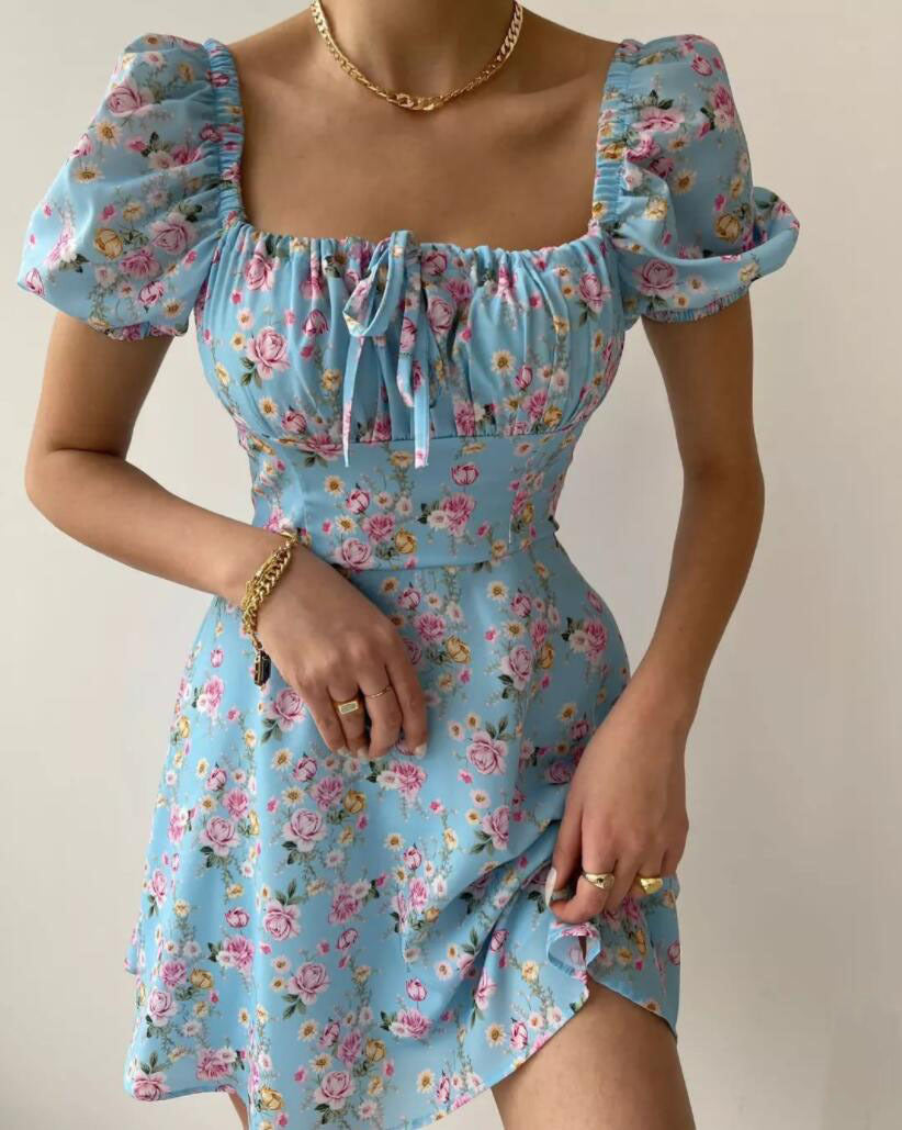 Damen Minikleid mit voluminösen Puffärmeln und floralem Muster EB