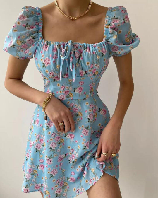 Damen Minikleid mit voluminösen Puffärmeln und floralem Muster EB