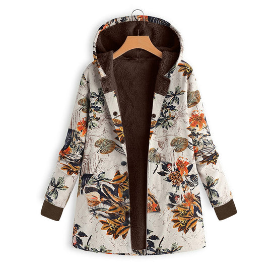 Damen Gefütterte Kapuzenjacke mit Kunstfellfutter, floralem Print und Eingrifftaschen EB