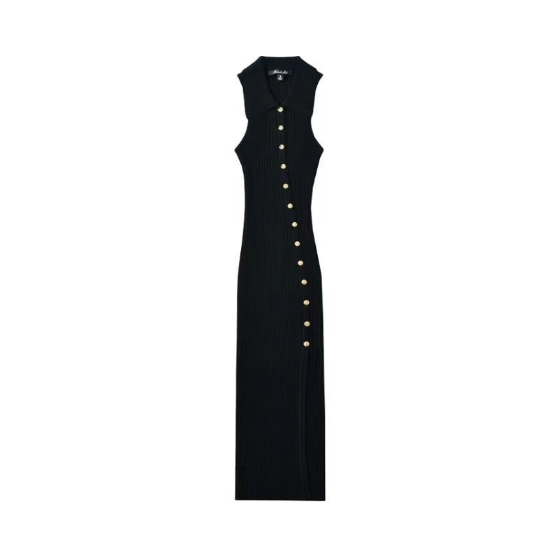 Damen figurbetontes Midi-Kleid mit Knopfleiste und Schlitz EB