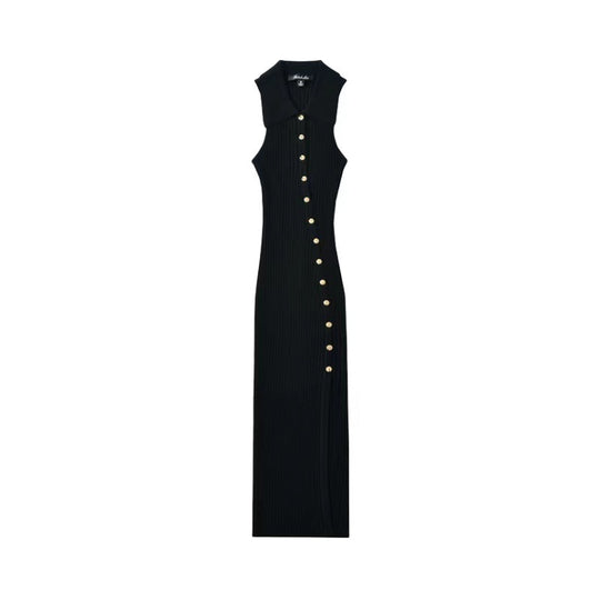 Damen figurbetontes Midi-Kleid mit Knopfleiste und Schlitz EB