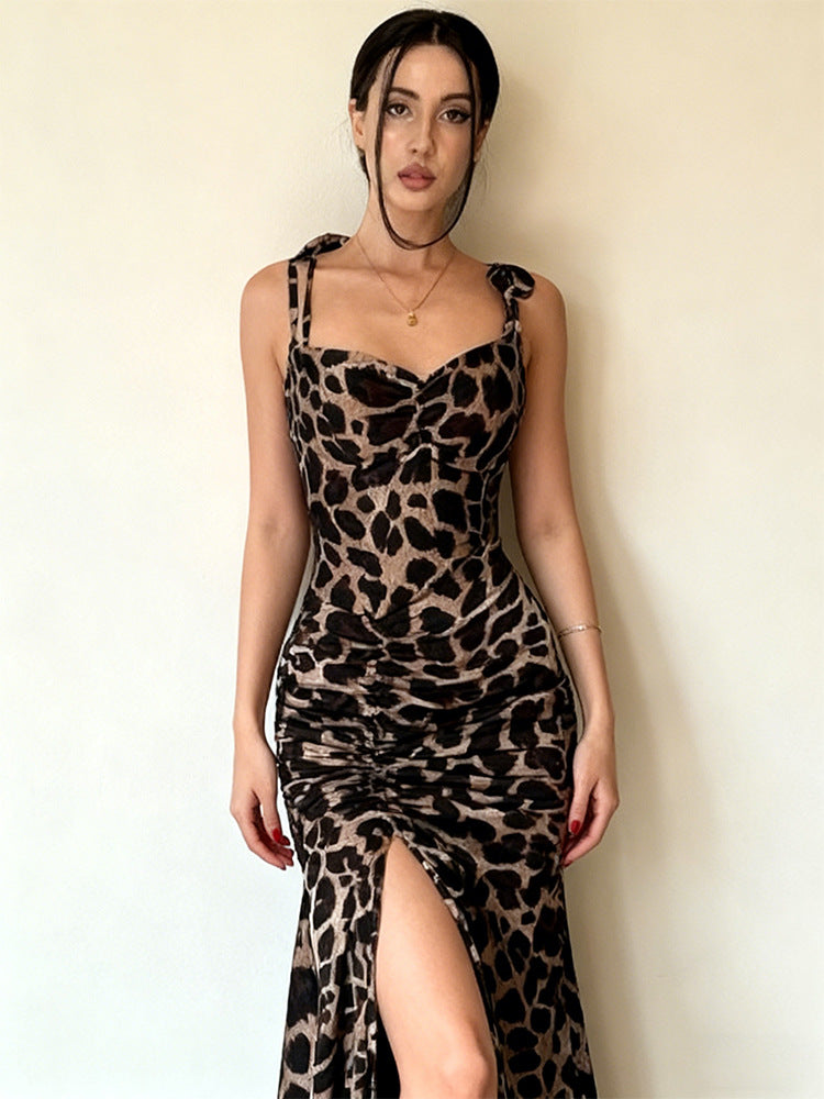 Damen Elegantes Maxikleid mit Leopardenmuster und seitlichem Schlitz EB