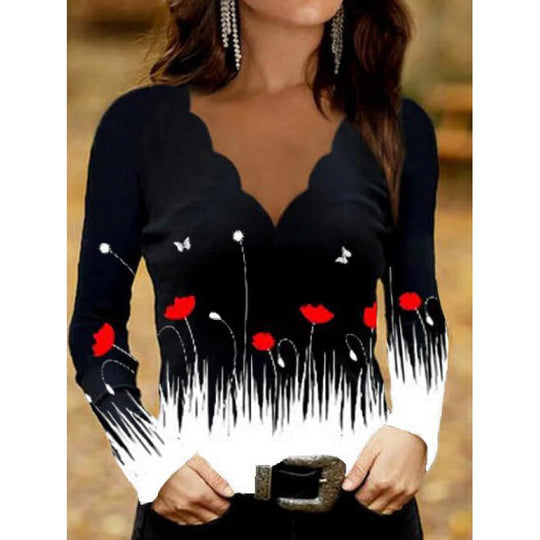 Damen Glitzer-Intarsien Langarmshirt mit V-Ausschnitt und Schmuckstein-Effekt EB