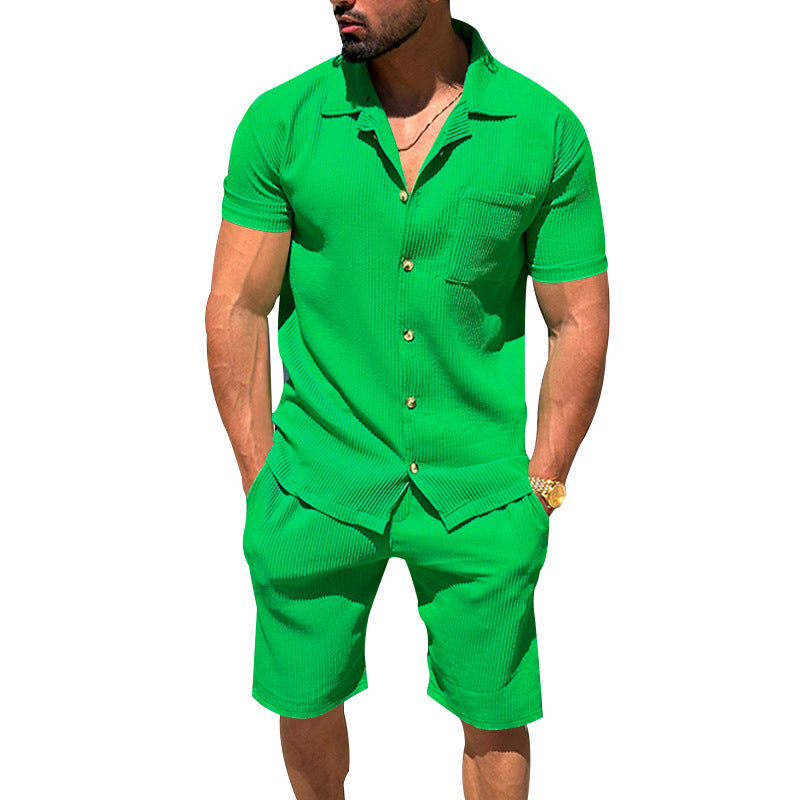 Herren nan lässiges zweiteiliges Freizeitset aus geripptem Jersey mit Hemdkragen Knopfleiste und Shorts EB