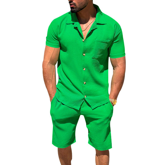 Herren nan lässiges zweiteiliges Freizeitset aus geripptem Jersey mit Hemdkragen Knopfleiste und Shorts EB