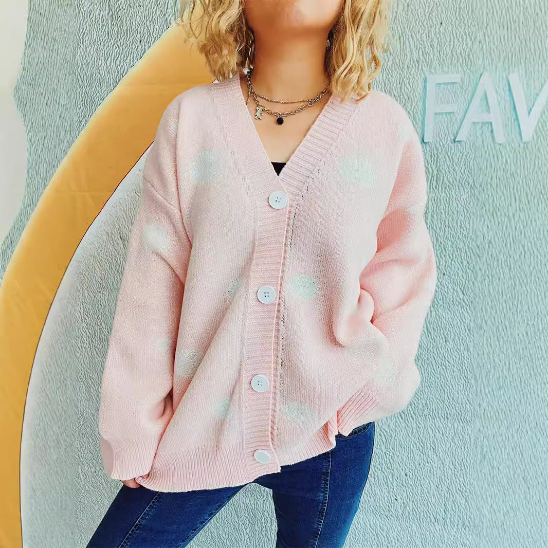 Damen lässige Strickjacke mit modernen Punkten und voluminösen Ärmeln EB