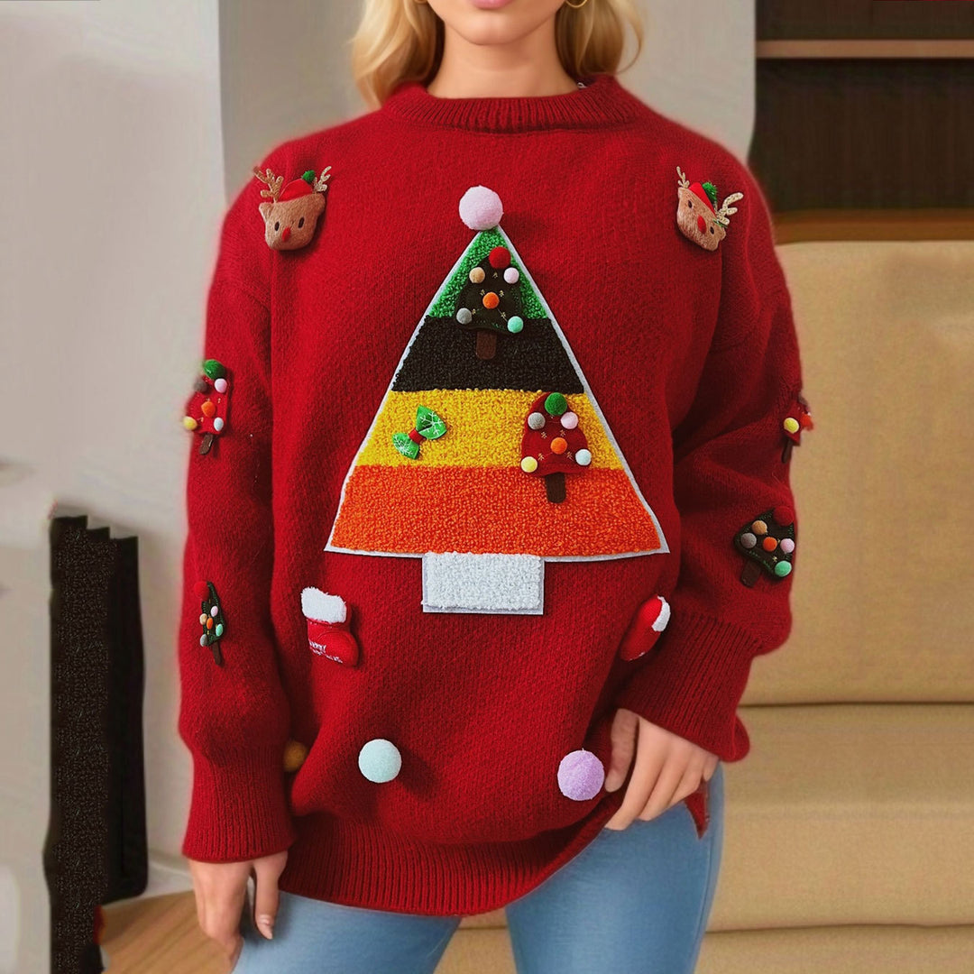 Damen Weihnachts-Pullover mit festlichem 3D-Motiv und dekorativen Applikationen EB