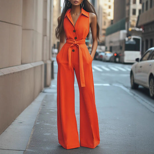 Damen Eleganter Jumpsuit mit schickem Kragen und Taillengürtel EB