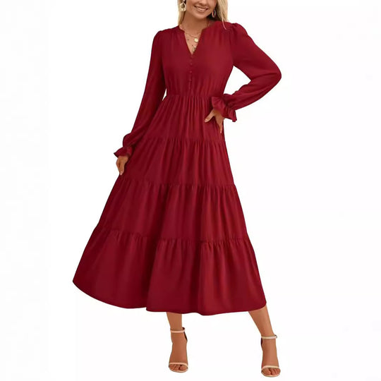 Damen Maxikleid mit romantischen Rüschendetails und elegantem V-Ausschnitt EB