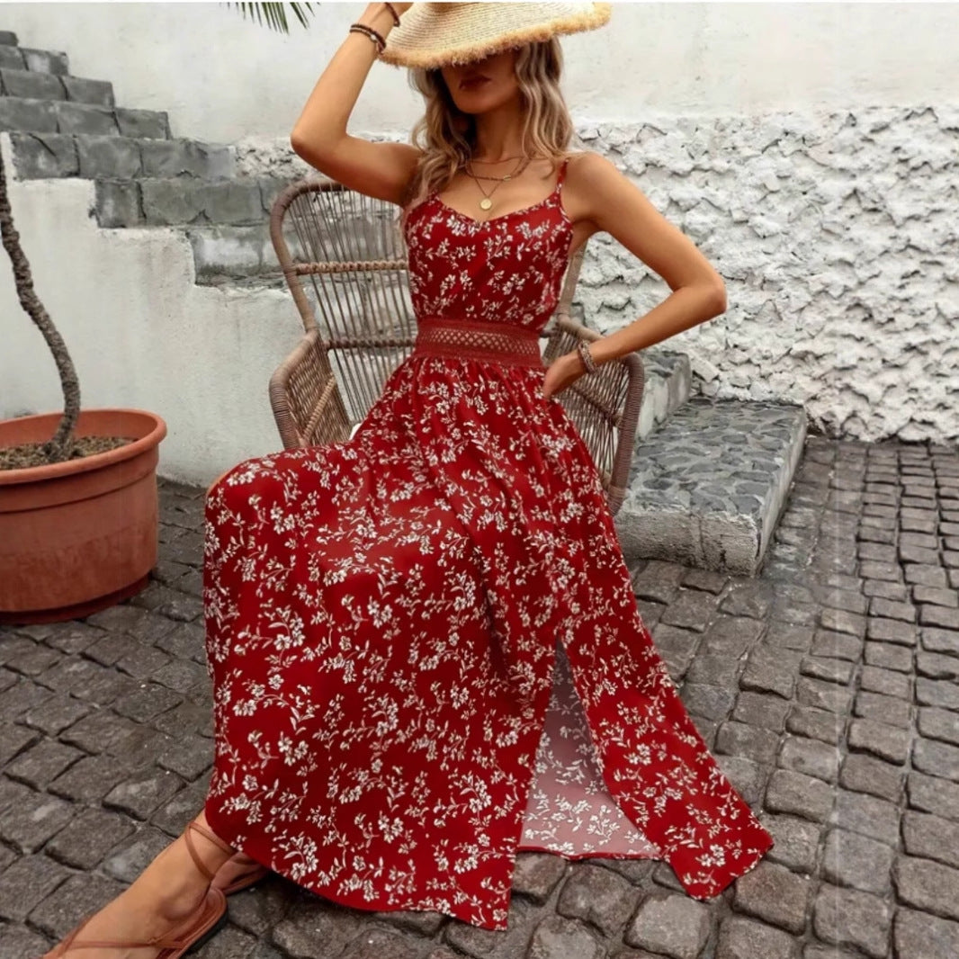 Damen Sommermaxikleid mit floralem Design und raffiniertem Schlitz EB