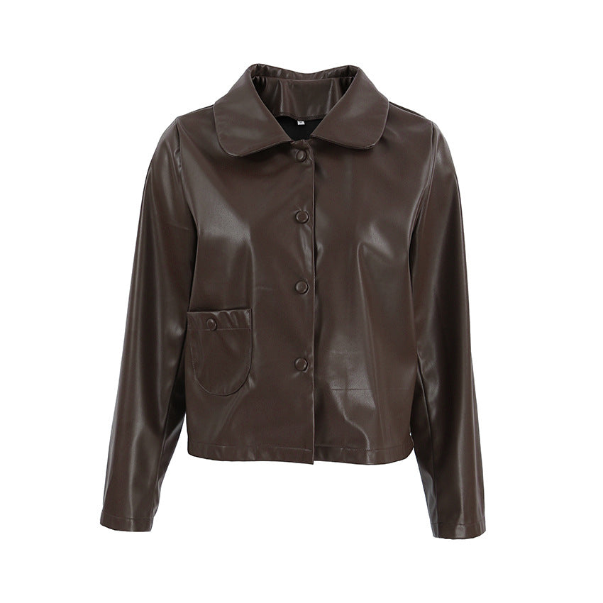 Damen Modische Kunstlederjacke mit praktischen Taschen und elegantem Kragen EB