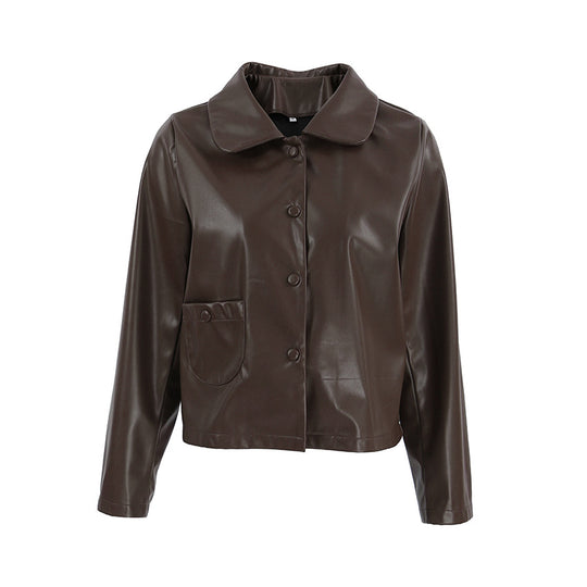 Damen Modische Kunstlederjacke mit praktischen Taschen und elegantem Kragen EB