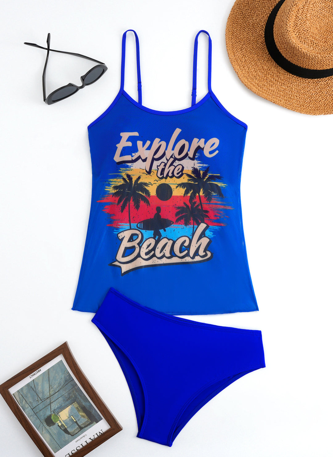 Damen Tankini-Set mit sportlichem Grafikdesign und hoch tailliertem Höschen EB