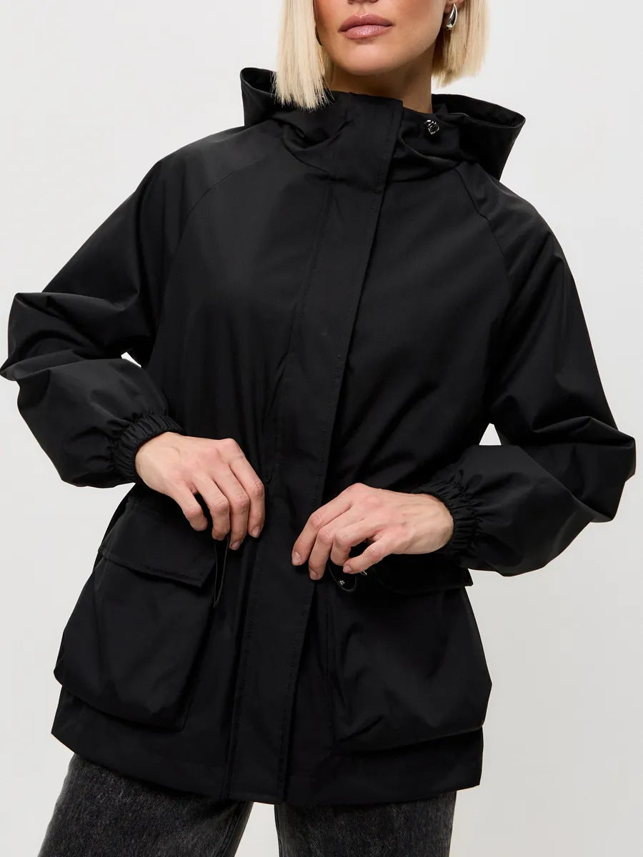 Damen leichte Windbreaker-Jacke mit verstellbarem Bund und praktischen Taschen EB
