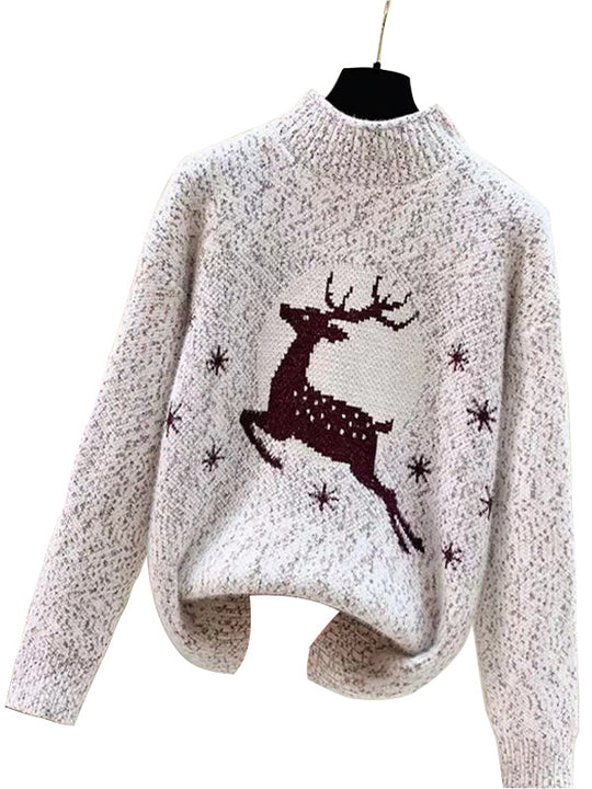 Damen Kuscheliger Rollkragenpullover mit festlichem Rentierdesign EB