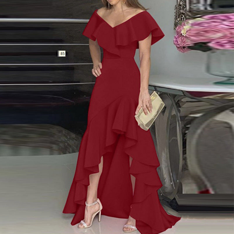 Damen Maxikleid mit voluminösen Rüschen und schulterfreiem Design EB