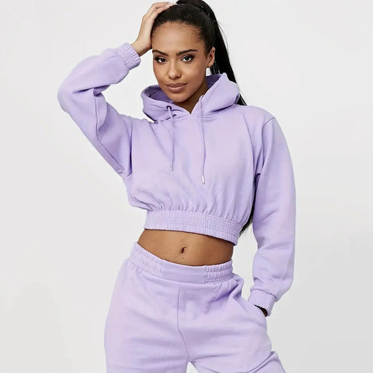 Damen Sportliches Cropped Hoodie und lässige Jogginghose Set EB