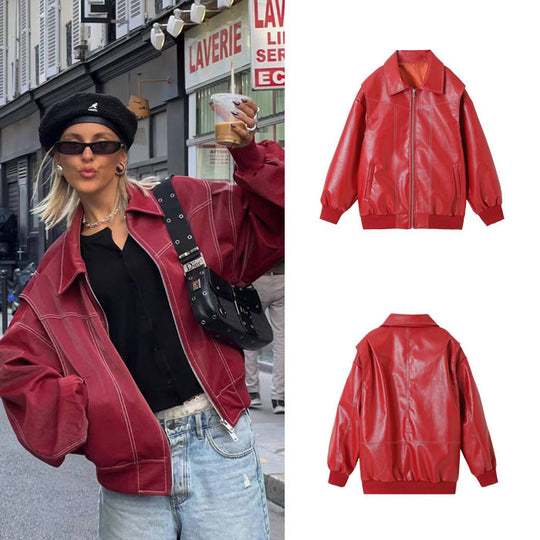 Damen Elegante Kunstlederjacke mit hochstehendem Kragen und elastischen Bündchen EB