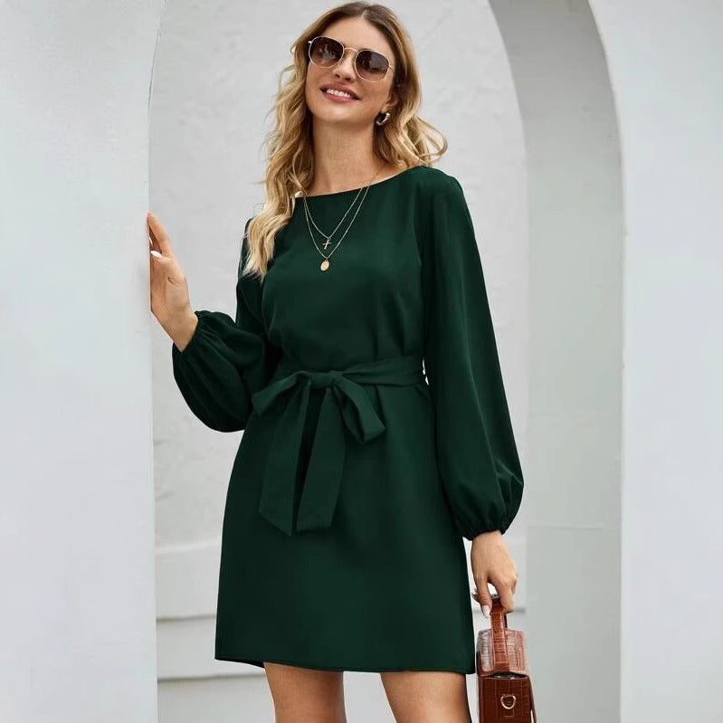 Damen nan elegantes Etuikleid mit Ballonärmeln und Taillengürtel EB