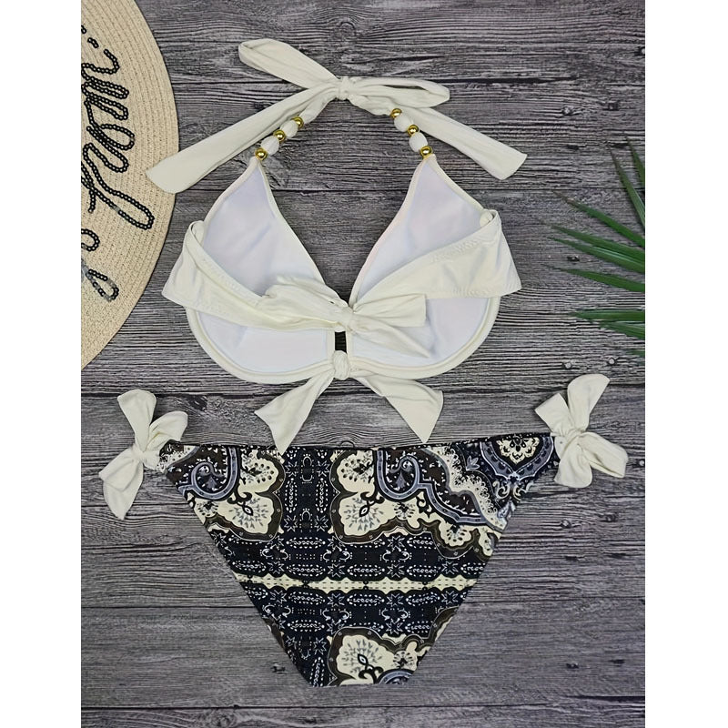 Damen Triangel-Bikini mit aufwendig verzierten Trägern und harmonischem Muster EB
