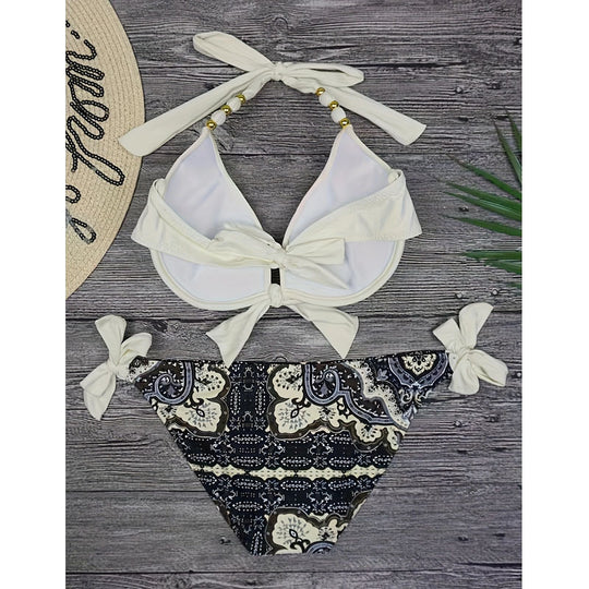 Damen Triangel-Bikini mit aufwendig verzierten Trägern und harmonischem Muster EB