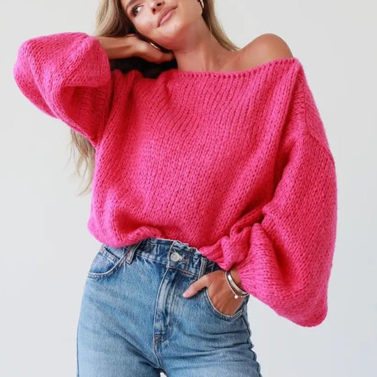 Damen lässiger Strickpullover mit voluminösen Ärmeln EB