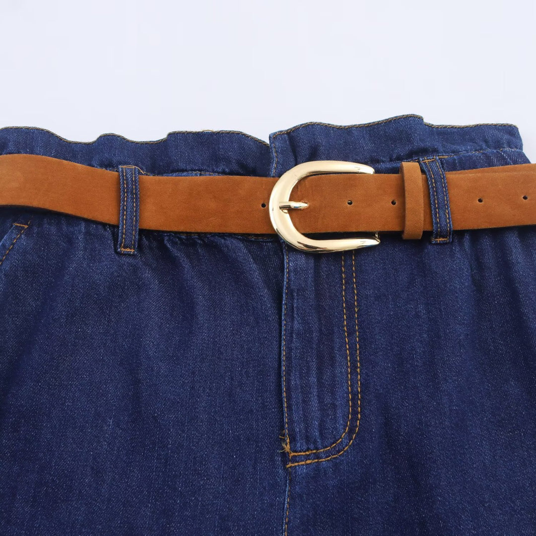 Damen Denim-Shorts mit hochwertigem Ledergürtel und elastischem Bund EB