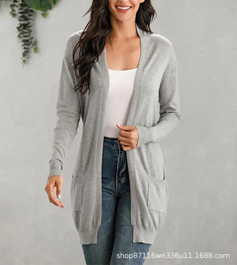 Damen Lange Strickjacke mit offenen Front und praktischen Taschen EB