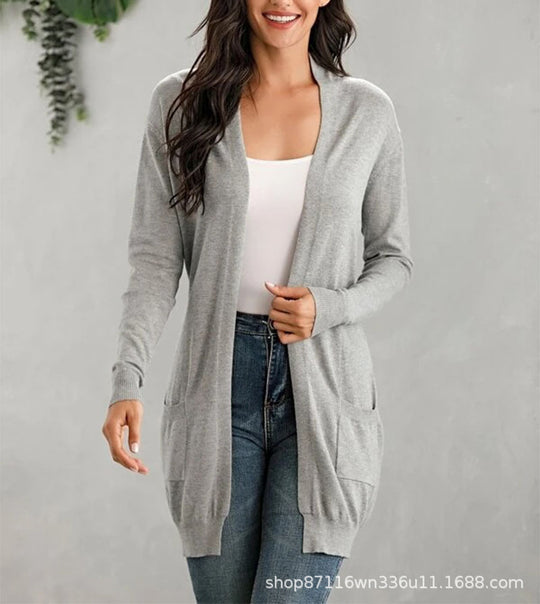 Damen Lange Strickjacke mit offenen Front und praktischen Taschen EB