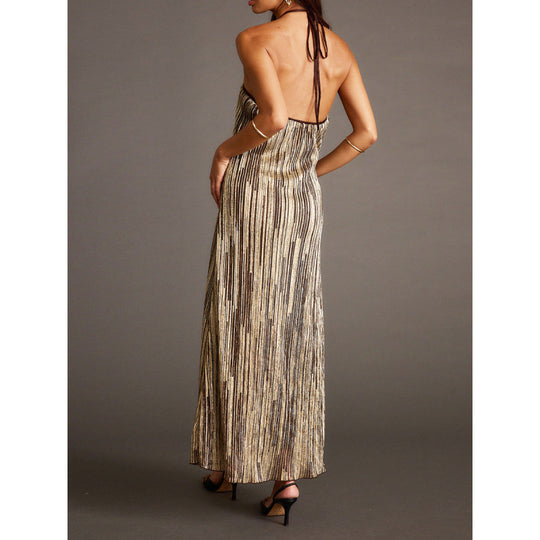 Damen Elegantes Maxikleid mit schimmerndem Streifenmuster und Rückenbindeband EB