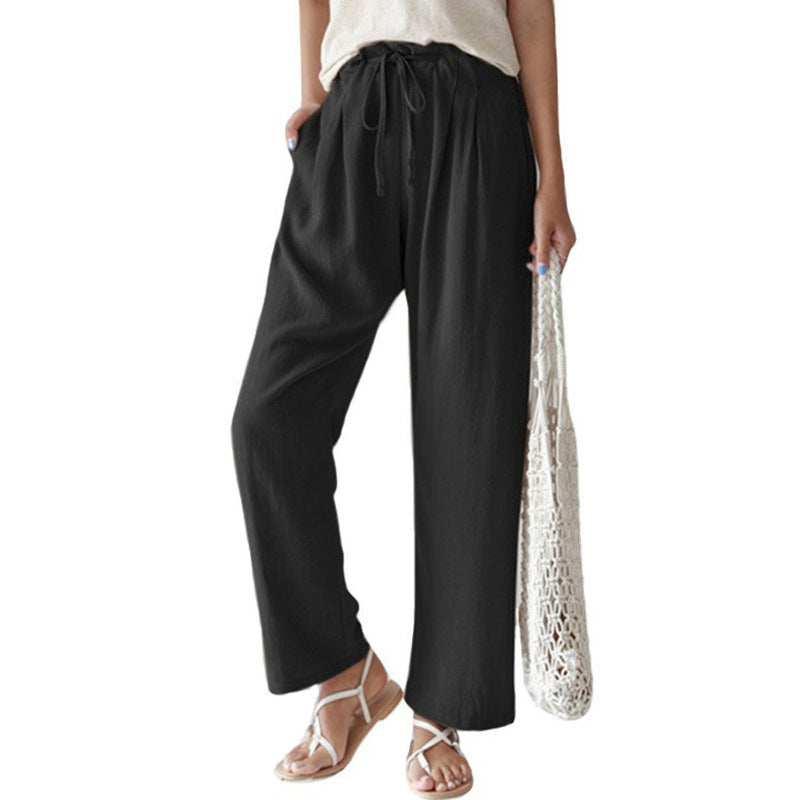 Damen nan lässige Leinenhose mit weitem Bein, elastischem Bund und Seitentaschen EB