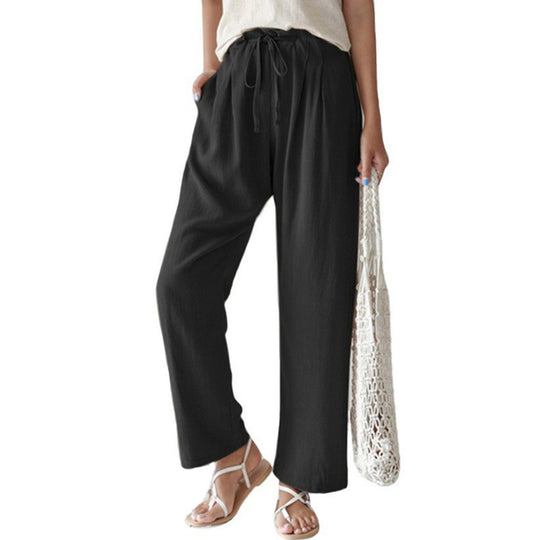 Damen nan lässige Leinenhose mit weitem Bein, elastischem Bund und Seitentaschen EB