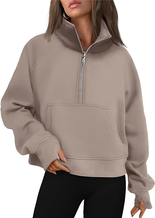 Damen nan cropped Halbzip-Sweatshirt mit hohem Stehkragen, Kängurutasche und überschnittener Schulter EB