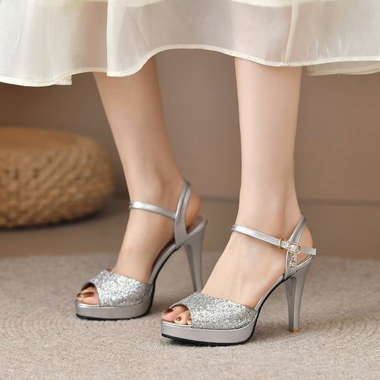 Damen glitzernde High Heelsandaletten mit elegantem Riemen EB