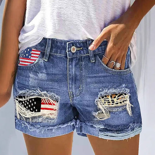 Damen Jeansshorts mit modischem USA-Print und Destroyed-Detail EB