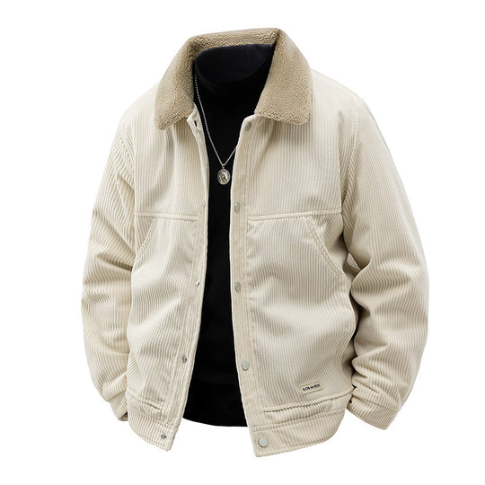 Men's  ribbed corduroy snap-front workwear jacket with sherpa-lined collar and angled hand pockets EB