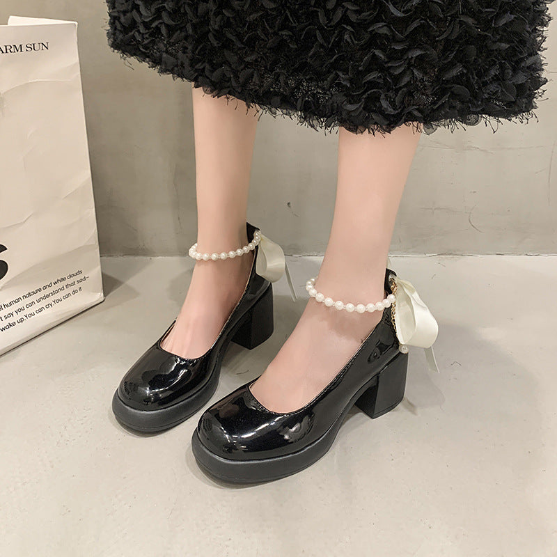 Damen Elegante Plateau-Pumps mit Perlen- und Schleifenverzierung EB