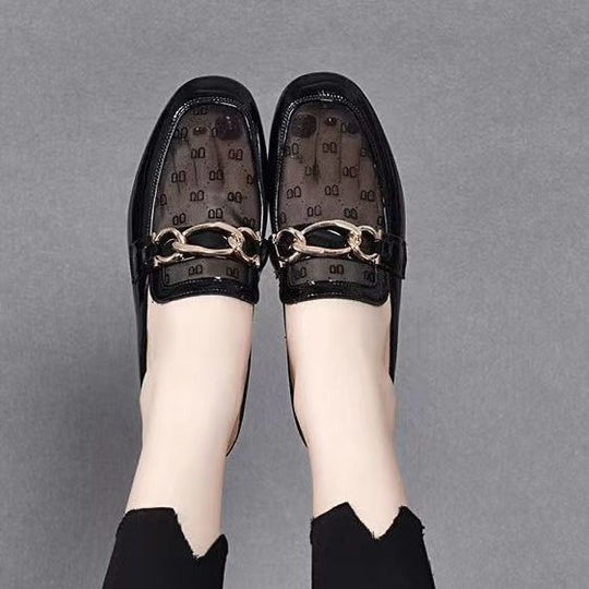 Damen elegante Mules mit transparentem Obermaterial und gildenen Akzenten EB