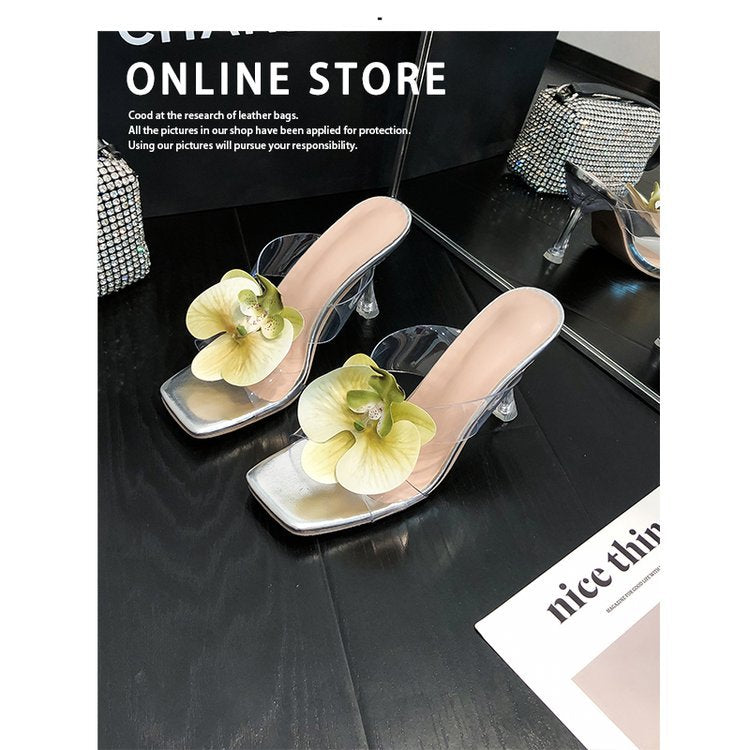 Damen transparente Mules mit eleganter Blütenverzierung und hohem Absatz EB