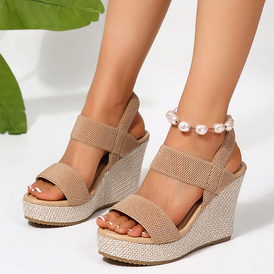 Damen nan Keilabsatz-Sandalen mit elastischen Textilriemen und geflochtenem Bast-Plateau EB
