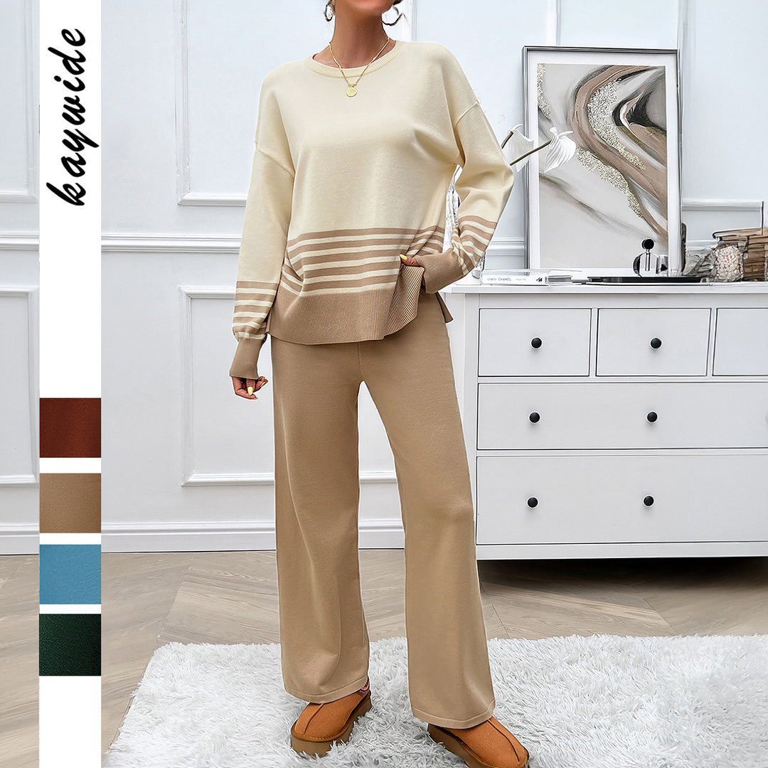 Damen nan lässiges Strick-Lounge-Set mit gestreiftem Rundhals-Pullover, Raglanärmeln und weiten taillenhohen Hosen EB